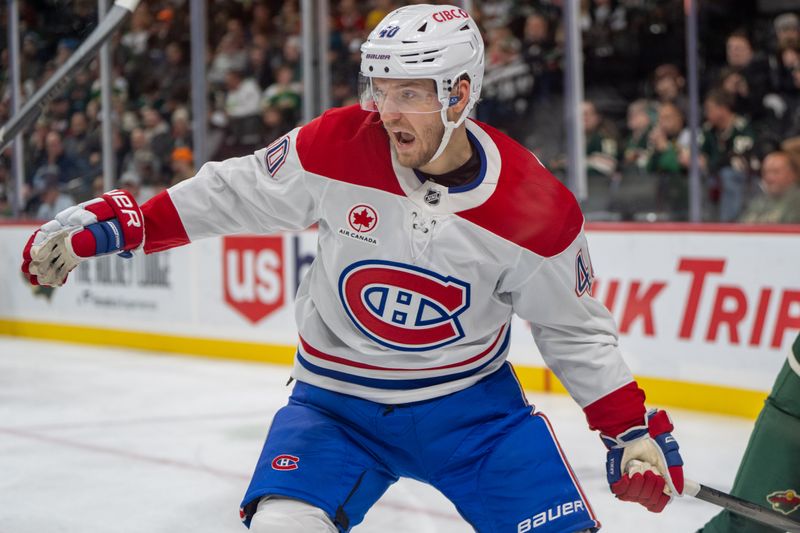 Nov 14, 2024; Saint Paul, Minnesota, USA; Montreal Canadiens right wing Joel Armia (40) in action after checking a Minnesota Wild player in the third period at Xcel Energy Center. Mandatory Credit: Matt Blewett-Imagn Images