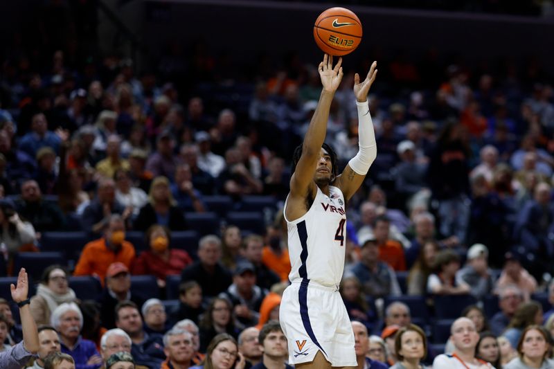 Dec 28, 2022; Charlottesville, Virginia, USA; Virginia Cavaliers guard Armaan Franklin (4) shoots the ball against the Albany Great Danes in the second half at John Paul Jones Arena. Mandatory Credit: Geoff Burke-USA TODAY Sports