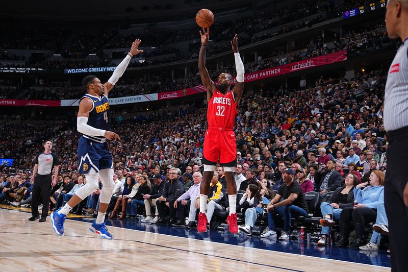 DENVER, CO - JANUARY 15: Jeff Green #32 of the Houston Rockets shoots a three point basket during the game against the Denver Nuggets on January 15, 2025 at Ball Arena in Denver, Colorado. NOTE TO USER: User expressly acknowledges and agrees that, by downloading and/or using this Photograph, user is consenting to the terms and conditions of the Getty Images License Agreement. Mandatory Copyright Notice: Copyright 2025 NBAE (Photo by Garrett Ellwood/NBAE via Getty Images)