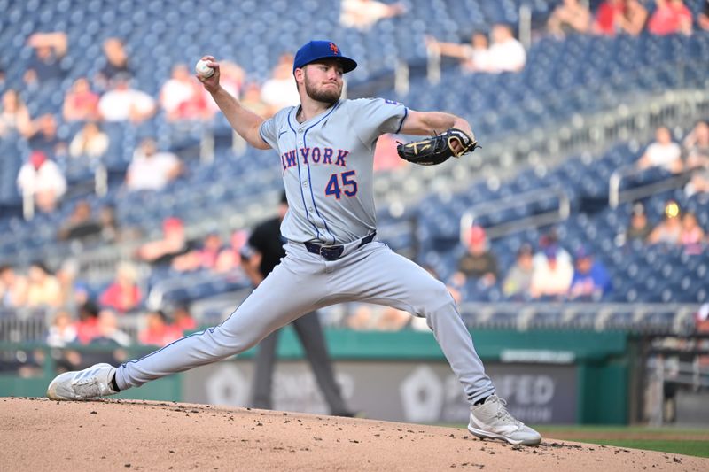 Jul 3, 2024; Washington, District of Columbia, USA; New York Mets starting pitcher Christian Scott (45) throws a pitch against the Washington Nationals during the first inning at Nationals Park. Mandatory Credit: Rafael Suanes-USA TODAY Sports