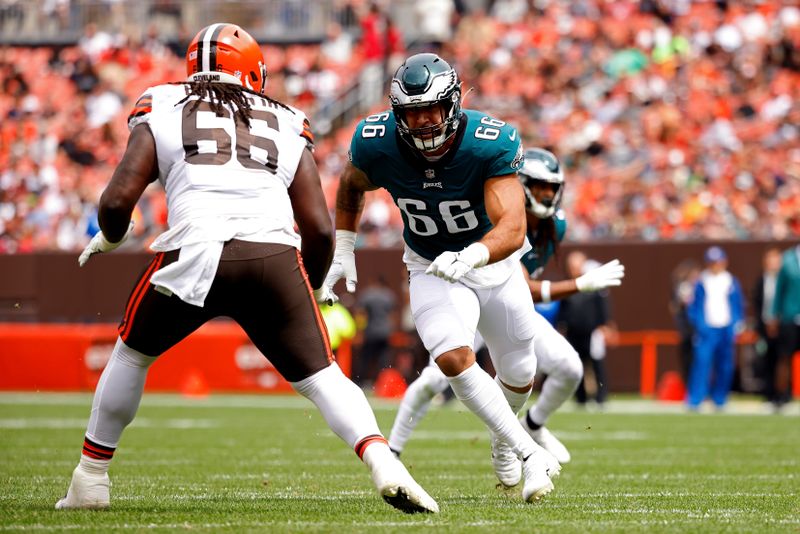 Cleveland Browns offensive tackle James Hudson III (66) looks to block Philadelphia Eagles defensive end Matt Leo (66) during an NFL preseason football game, Sunday, Aug. 21, 2022, in Cleveland. (AP Photo/Kirk Irwin)