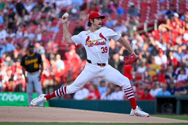 Jun 11, 2024; St. Louis, Missouri, USA;  St. Louis Cardinals starting pitcher Miles Mikolas (39) pitches against the Pittsburgh Pirates during the first inning at Busch Stadium. Mandatory Credit: Jeff Curry-USA TODAY Sports