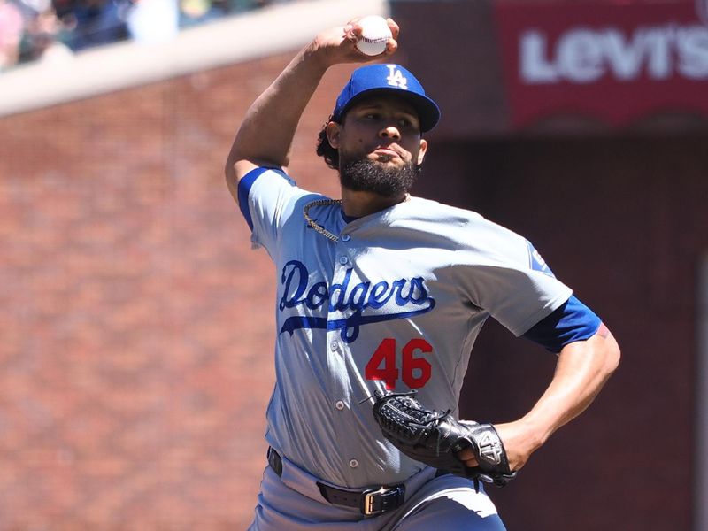 Jun 30, 2024; San Francisco, California, USA; Los Angeles Dodgers relief pitcher Yohan Ramirez (46) pitches the ball against the San Francisco Giants during the seventh inning at Oracle Park. Mandatory Credit: Kelley L Cox-USA TODAY Sports