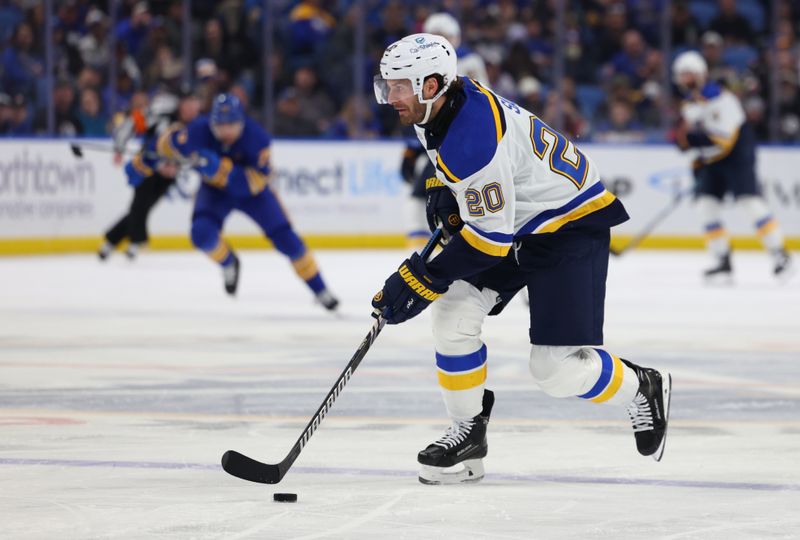 Feb 10, 2024; Buffalo, New York, USA;  St. Louis Blues left wing Brandon Saad (20) skates with the puck during the third period against the Buffalo Sabres at KeyBank Center. Mandatory Credit: Timothy T. Ludwig-USA TODAY Sports