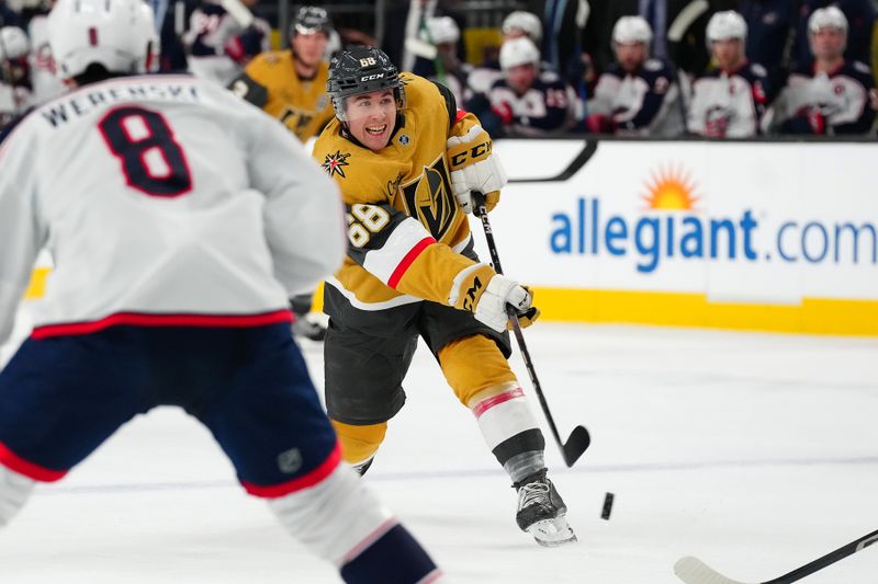 Jan 30, 2025; Las Vegas, Nevada, USA; Vegas Golden Knights center Callahan Burke (68) shoots against the Columbus Blue Jackets during the second period at T-Mobile Arena. Mandatory Credit: Stephen R. Sylvanie-Imagn Images