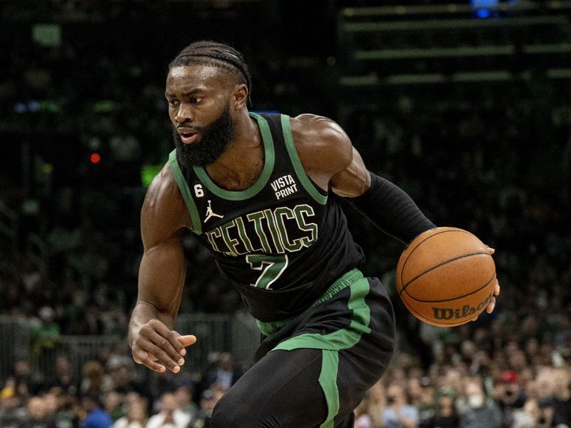 BOSTON, MA - NOVEMBER 27: Jaylen Brown #7 of the Boston Celtics dribbles the ball to the basket during the first half of a game against the Washington Wizards at TD Garden on November 27, 2022 in Boston, Massachusetts. NOTE TO USER: User expressly acknowledges and agrees that, by downloading and or using this photograph, User is consenting to the terms and conditions of the Getty Images License Agreement. (Photo by Maddie Malhotra/Getty Images)