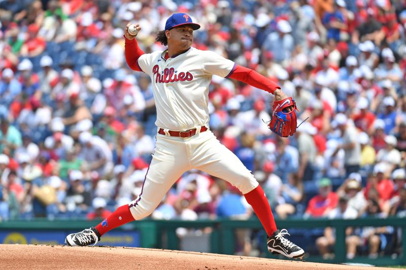 Jun 11, 2023; Philadelphia, Pennsylvania, USA; Philadelphia Phillies starting pitcher Taijuan Walker (99) throws a pitch during the first inning against the Los Angeles Dodgers at Citizens Bank Park. Mandatory Credit: Eric Hartline-USA TODAY Sports