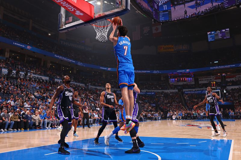 OKLAHOMA CITY, OK - APRIL 9: Chet Holmgren #7 of the Oklahoma City Thunder shoots the ball during the game against the Sacramento Kings  on April 9, 2024 at Paycom Arena in Oklahoma City, Oklahoma. NOTE TO USER: User expressly acknowledges and agrees that, by downloading and or using this photograph, User is consenting to the terms and conditions of the Getty Images License Agreement. Mandatory Copyright Notice: Copyright 2024 NBAE (Photo by Zach Beeker/NBAE via Getty Images)