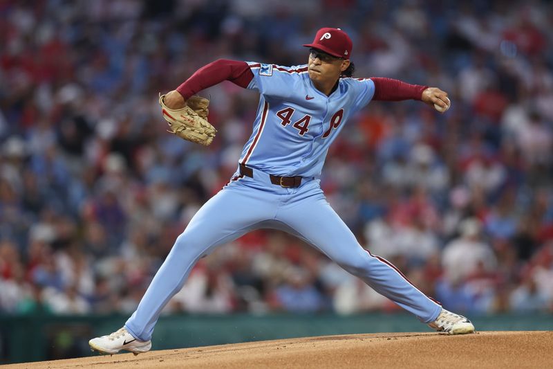 Sep 11, 2025; Philadelphia, Pennsylvania, USA; Philadelphia Phillies pitcher Jesus Luzardo (44) throws a pitch Monday during the first inning at Citizens Bank Park. Mandatory Credit: Bill Streicher-Imagn Images