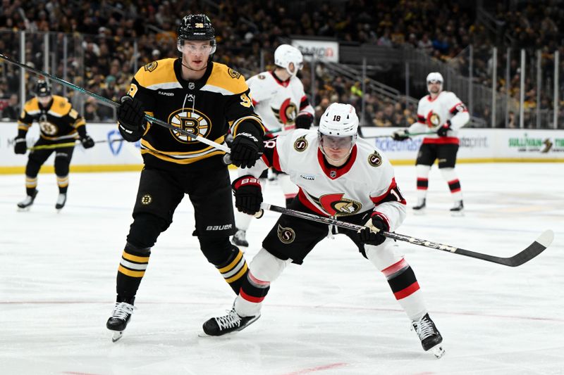 Jan 23, 2025; Boston, Massachusetts, USA; Boston Bruins center Morgan Geekie (39) and Ottawa Senators center Tim Stützle (18) skate for the puck during the third period at the TD Garden. Mandatory Credit: Brian Fluharty-Imagn Images
