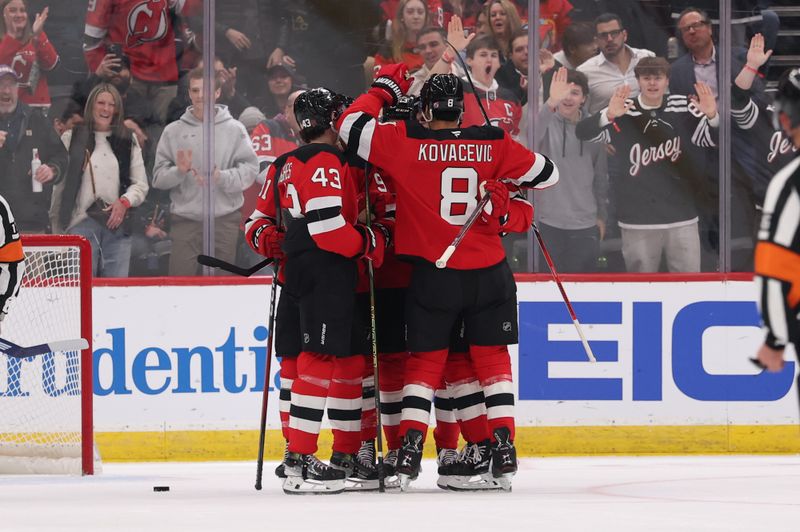 Mar 4, 2026; Newark, New Jersey, USA; New Jersey Devils right wing Timo Meier (28) celebrates his goal against the Toronto Maple Leafs during the first period at Prudential Center. Mandatory Credit: Ed Mulholland-Imagn Images