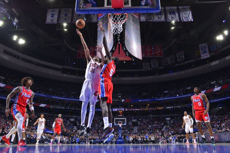 PHILADELPHIA, PA - FEBRUARY 23: Jarrett Allen #31 of the Cleveland Cavaliers drives to the basket during the game against the Philadelphia 76ers on February 23, 2024 at the Wells Fargo Center in Philadelphia, Pennsylvania NOTE TO USER: User expressly acknowledges and agrees that, by downloading and/or using this Photograph, user is consenting to the terms and conditions of the Getty Images License Agreement. Mandatory Copyright Notice: Copyright 2024 NBAE (Photo by Jesse D. Garrabrant/NBAE via Getty Images)