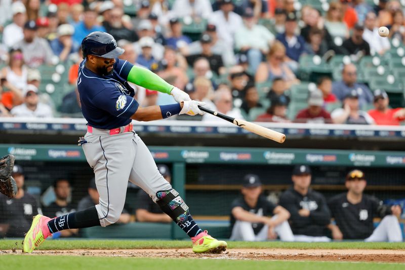 Aug 6, 2023; Detroit, Michigan, USA; Tampa Bay Rays first baseman Yandy Diaz (2) hits a two run home run in the second inning against the Detroit Tigers at Comerica Park. Mandatory Credit: Rick Osentoski-USA TODAY Sports