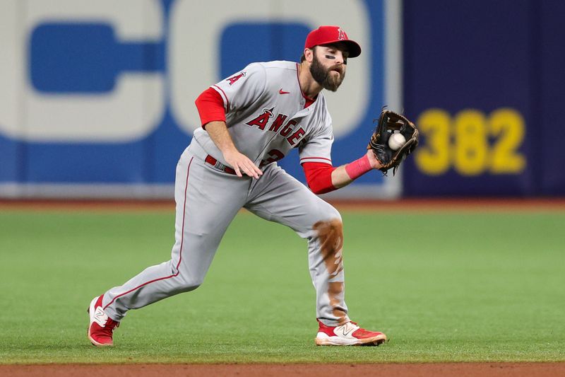 Sep 20, 2023; St. Petersburg, Florida, USA;  Los Angeles Angels second baseman Michael Stefanic (38) fields the ball against the Tampa Bay Rays in the fifth inning at Tropicana Field. Mandatory Credit: Nathan Ray Seebeck-USA TODAY Sports