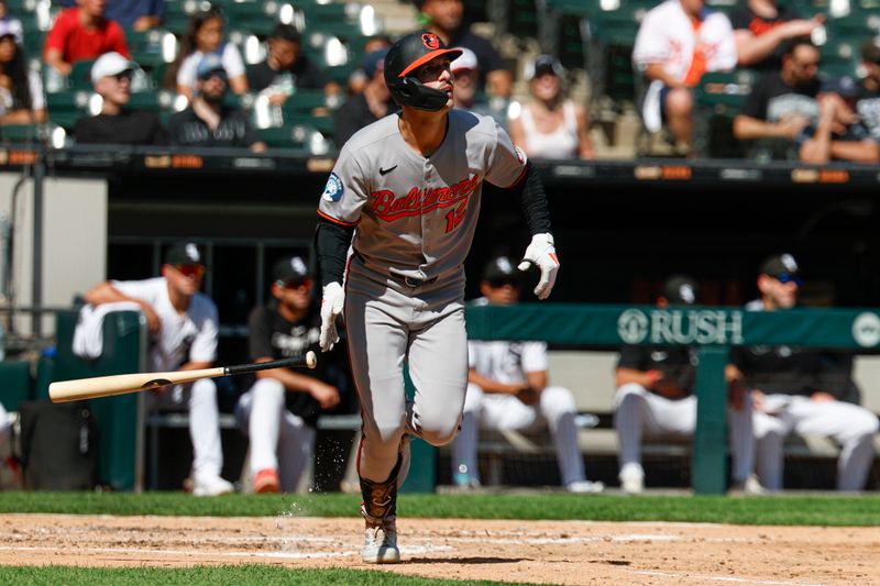 Sep 17, 2025; Chicago, Illinois, USA; Baltimore Orioles left fielder Dylan Beavers (12) watches his two-run home run against the Chicago White Sox during the fourth inning at Rate Field. Mandatory Credit: Kamil Krzaczynski-Imagn Images