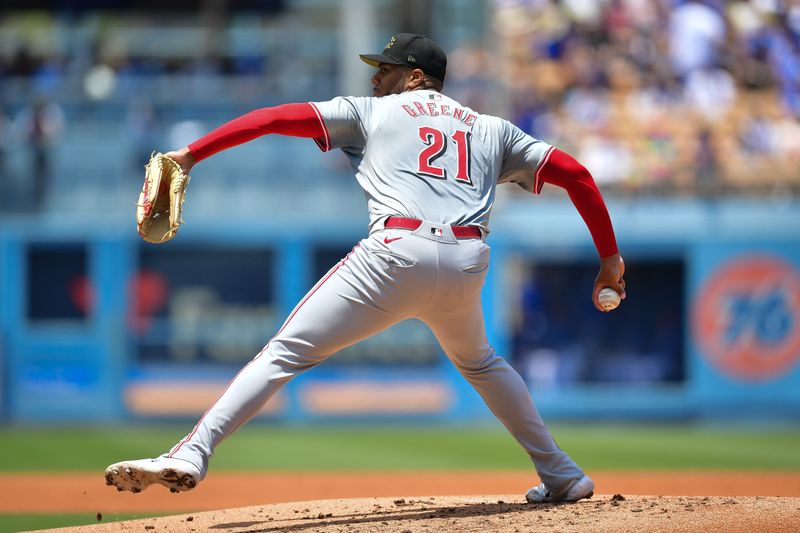 May 19, 2024; Los Angeles, California, USA; Cincinnati Reds pitcher Hunter Greene (21) throws against the Los Angeles Dodgers during the second inning at Dodger Stadium. Mandatory Credit: Gary A. Vasquez-USA TODAY Sports