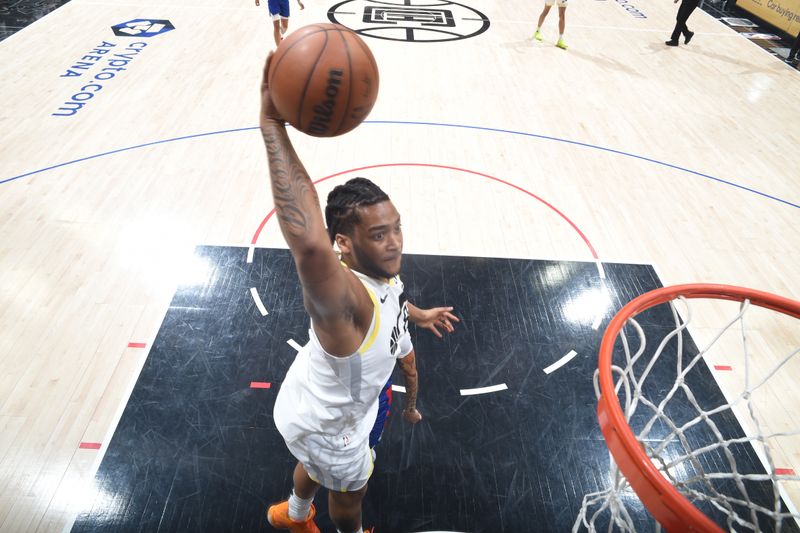 LOS ANGELES, CA - APRIL 12: Brice Sensabaugh #8 of the Utah Jazz dunks the ball during the game against the LA Clippers on April 12, 2024 at Crypto.Com Arena in Los Angeles, California. NOTE TO USER: User expressly acknowledges and agrees that, by downloading and/or using this Photograph, user is consenting to the terms and conditions of the Getty Images License Agreement. Mandatory Copyright Notice: Copyright 2024 NBAE (Photo by Adam Pantozzi/NBAE via Getty Images)