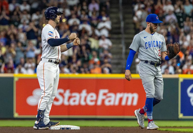 May 16, 2023; Houston, Texas, USA; Houston Astros right fielder Kyle Tucker (30) reacts to his RBI double against the Chicago Cubs in the fourth inning at Minute Maid Park. Mandatory Credit: Thomas Shea-USA TODAY Sports