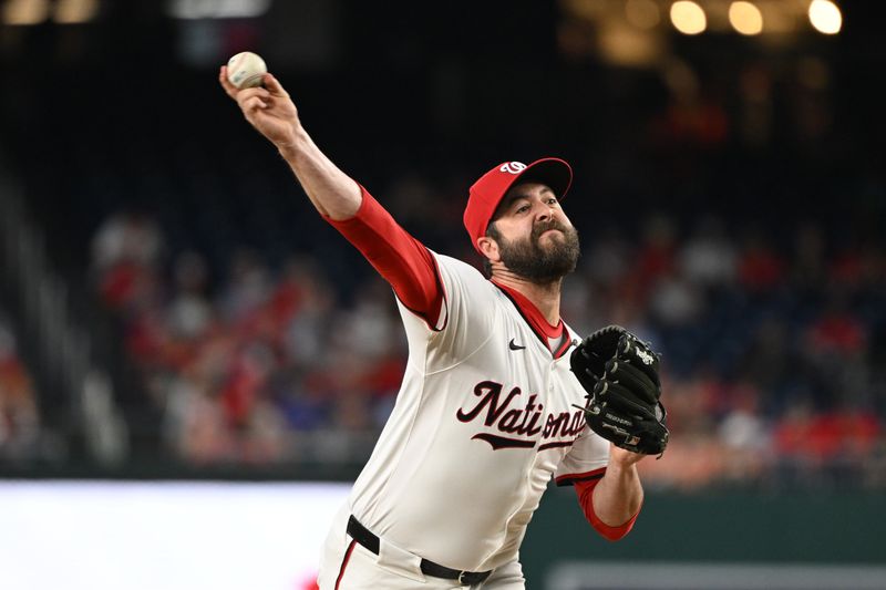Jul 1, 2024; Washington, District of Columbia, USA; Washington Nationals relief pitcher Dylan Floro (44) throws a pitch against the New York Mets during the seventh inning at Nationals Park. Mandatory Credit: Rafael Suanes-USA TODAY Sports