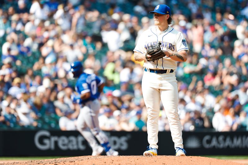 Aug 27, 2023; Seattle, Washington, USA; Seattle Mariners relief pitcher Gabe Speier (55) stands on the mound after surrendering a two-run home run to Kansas City Royals designated hitter Nelson Velazquez (17) during the eighth inning at T-Mobile Park. Mandatory Credit: Joe Nicholson-USA TODAY Sports