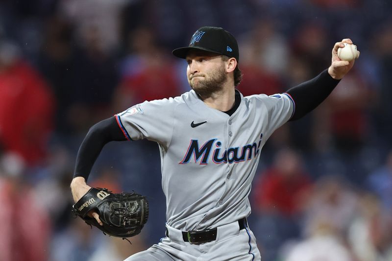 Sep 25, 2025; Philadelphia, Pennsylvania, USA; Miami Marlins pitcher Josh Simpson (66) throws a pitch during the eighth inning against the Philadelphia Phillies at Citizens Bank Park. Mandatory Credit: Bill Streicher-Imagn Images