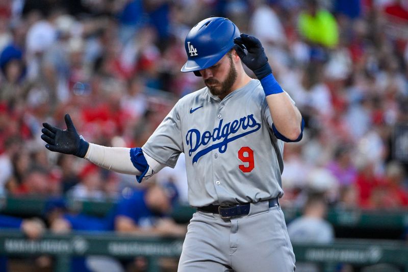 Aug 16, 2024; St. Louis, Missouri, USA;  Los Angeles Dodgers second baseman Gavin Lux (9) reacts after hitting a solo home run against the St. Louis Cardinals during the second inning at Busch Stadium. Mandatory Credit: Jeff Curry-USA TODAY Sports