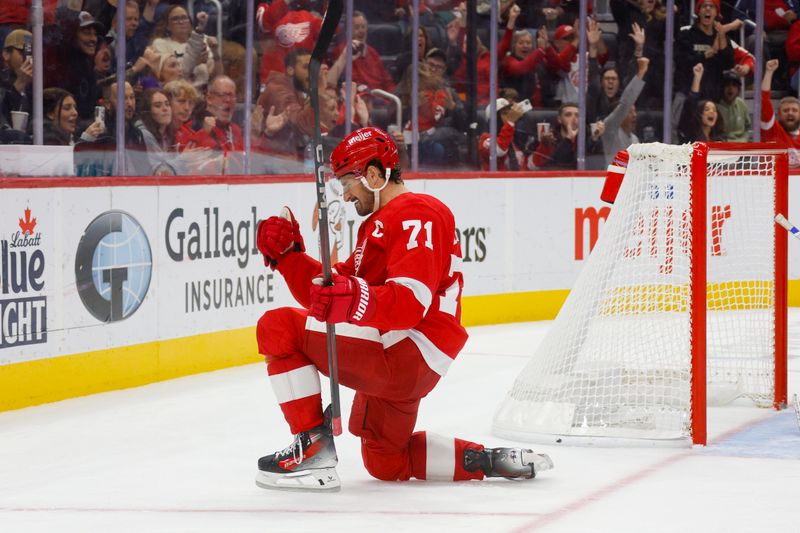 Nov 2, 2024; Detroit, Michigan, USA; Detroit Red Wings center Dylan Larkin (71) celebrates a goal in the second period of the game against the Buffalo Sabres at Little Caesars Arena. Mandatory Credit: Brian Bradshaw Sevald-Imagn Images