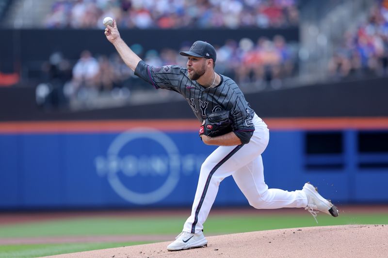 Jul 27, 2024; New York City, New York, USA; New York Mets starting pitcher Tylor Megill (38) pitches against the Atlanta Braves during the first inning at Citi Field. Mandatory Credit: Brad Penner-USA TODAY Sports