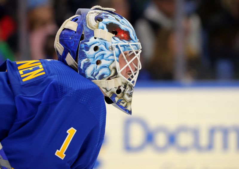 Dec 30, 2023; Buffalo, New York, USA;  Buffalo Sabres goaltender Ukko-Pekka Luukkonen (1) on the ice during the first period against the Columbus Blue Jackets at KeyBank Center. Mandatory Credit: Timothy T. Ludwig-USA TODAY Sports