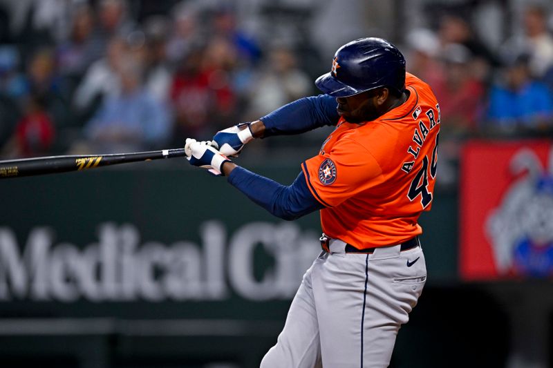 Aug 7, 2024; Arlington, Texas, USA;  Houston Astros left fielder Yordan Alvarez (44) bats against the Texas Rangers during the fifth inning at Globe Life Field. Mandatory Credit: Jerome Miron-USA TODAY Sports