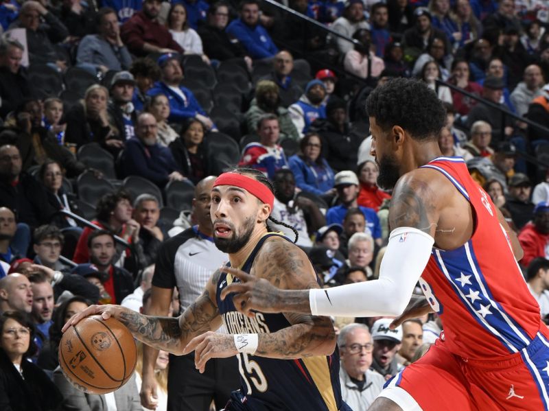 PHILADELPHIA, PA - JANUARY 10: Jose Alvarado #15 of the New Orleans Pelicans dribbles the ball during the game against the Philadelphia 76ers on January 10, 2025 at the Wells Fargo Center in Philadelphia, Pennsylvania NOTE TO USER: User expressly acknowledges and agrees that, by downloading and/or using this Photograph, user is consenting to the terms and conditions of the Getty Images License Agreement. Mandatory Copyright Notice: Copyright 2025 NBAE (Photo by David Dow/NBAE via Getty Images)