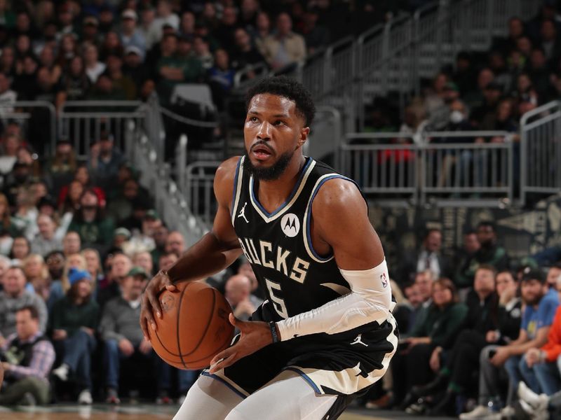 MILWAUKEE, WI - JANUARY 27:  Malik Beasley #5 of the Milwaukee Bucks handles the ball during the game  on January 27, 2024 at the Fiserv Forum Center in Milwaukee, Wisconsin. NOTE TO USER: User expressly acknowledges and agrees that, by downloading and or using this Photograph, user is consenting to the terms and conditions of the Getty Images License Agreement. Mandatory Copyright Notice: Copyright 2024 NBAE (Photo by Gary Dineen/NBAE via Getty Images).