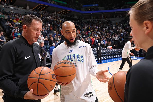 MINNEAPOLIS, MN -  DECEMBER 30: Jordan McLaughlin #6 of the Minnesota Timberwolves looks on before the game against the Los Angeles Lakers on December 30, 2023 at Target Center in Minneapolis, Minnesota. NOTE TO USER: User expressly acknowledges and agrees that, by downloading and or using this Photograph, user is consenting to the terms and conditions of the Getty Images License Agreement. Mandatory Copyright Notice: Copyright 2023 NBAE (Photo by David Sherman/NBAE via Getty Images)