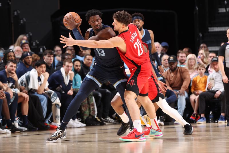 MEMPHIS, TN - FEBRUARY 14: Jaren Jackson Jr. #13 of the Memphis Grizzlies handles the ball during the game against the Houston Rockets on February 14, 2024 at FedExForum in Memphis, Tennessee. NOTE TO USER: User expressly acknowledges and agrees that, by downloading and or using this photograph, User is consenting to the terms and conditions of the Getty Images License Agreement. Mandatory Copyright Notice: Copyright 2024 NBAE (Photo by Joe Murphy/NBAE via Getty Images)