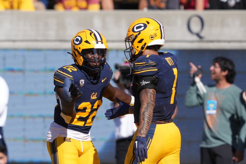 Oct 28, 2023; Berkeley, California, USA; USC Trojans wide receiver Zachariah Branch (1) is congratulated by running back Darwin Barlow (22) after scoring a touchdown against the USC Trojans during the second quarter at California Memorial Stadium. Mandatory Credit: Darren Yamashita-USA TODAY Sports