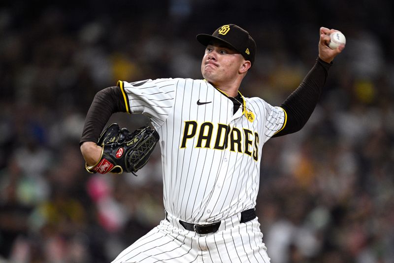 Jul 6, 2024; San Diego, California, USA; San Diego Padres relief pitcher Adrian Morejon (50) pitches against the Arizona Diamondbacks during the ninth inning at Petco Park. Mandatory Credit: Orlando Ramirez-USA TODAY Sports