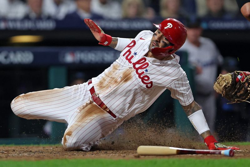 Oct 3, 2023; Philadelphia, Pennsylvania, USA; Miami Marlins catcher Nick Fortes (not pictured) applies the tag on Philadelphia Phillies right fielder Nick Castellanos (8) to get the out in the fourth inning for game one of the Wildcard series for the 2023 MLB playoffs at Citizens Bank Park. Mandatory Credit: Bill Streicher-USA TODAY Sports