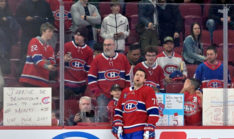 Apr 9, 2024; Montreal, Quebec, CAN; Montreal Canadiens forward Tanner Pearson (70) during the warmup period before the game against the Philadelphia Flyers at the Bell Centre. Mandatory Credit: Eric Bolte-USA TODAY Sports