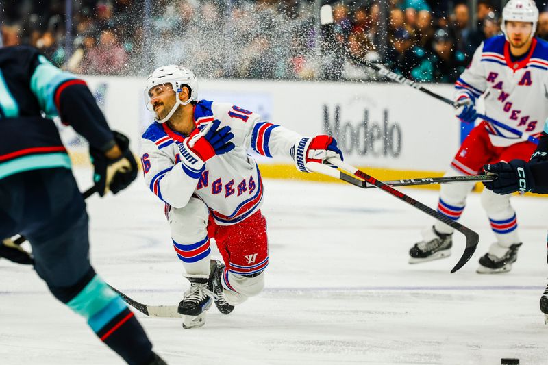 Nov 17, 2024; Seattle, Washington, USA; New York Rangers center Vincent Trocheck (16) reacts to a pass against the Seattle Kraken during the second period at Climate Pledge Arena. Mandatory Credit: Joe Nicholson-Imagn Images