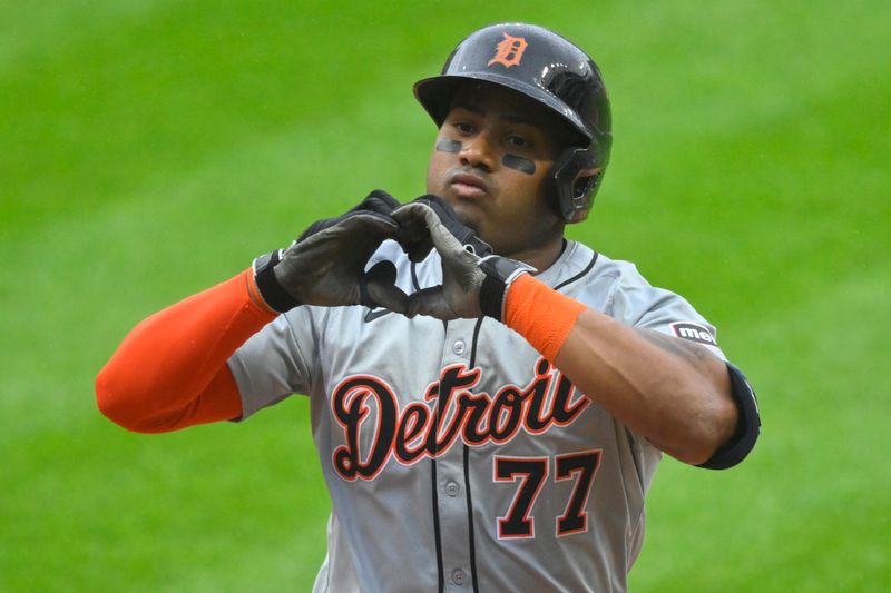 May 7, 2024; Cleveland, Ohio, USA; Detroit Tigers second baseman Andy Ibanez (77) celebrates his solo home run in the first inning against the Cleveland Guardians at Progressive Field. Mandatory Credit: David Richard-USA TODAY Sports