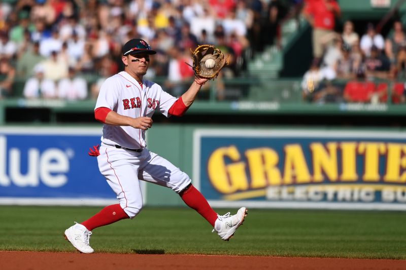 Aug 26, 2023; Boston, Massachusetts, USA;  Boston Red Sox second baseman Luis Urias (17) fields a ball during the first inning against the Los Angeles Dodgers at Fenway Park. Mandatory Credit: Bob DeChiara-USA TODAY Sports