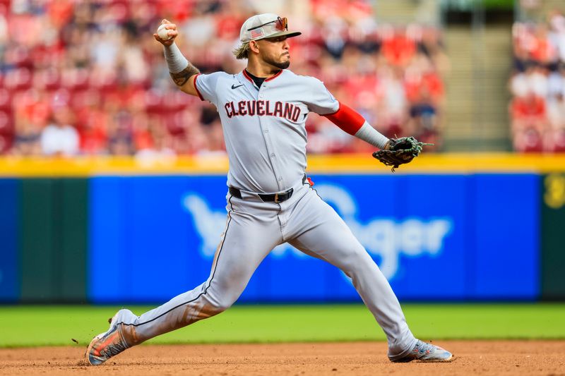 May 16, 2025; Cincinnati, Ohio, USA; Cleveland Guardians shortstop Gabriel Arias (13) throws to first to get Cincinnati Reds second baseman Matt McLain (not pictured) out in the fourth inning at Great American Ball Park. Mandatory Credit: Katie Stratman-Imagn Images