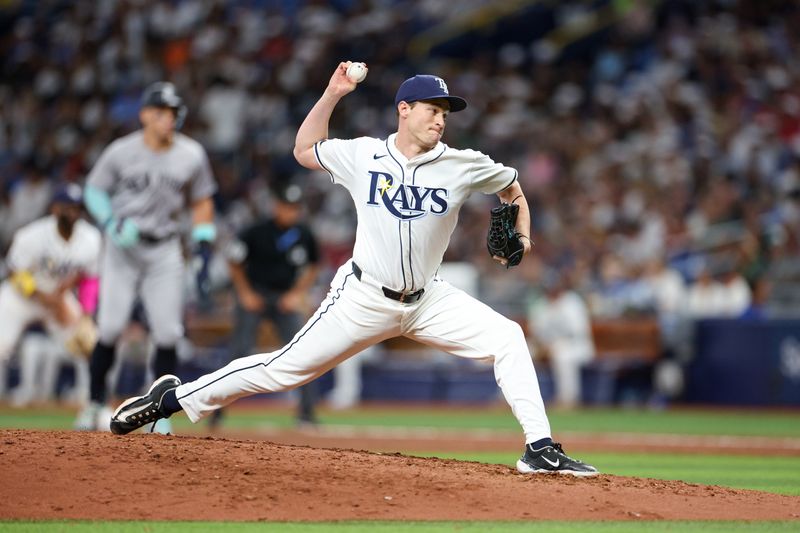 Jul 11, 2024; St. Petersburg, Florida, USA; Tampa Bay Rays pitcher Kevin Kelly (49) throws a pitch against the New York Yankees in the fifth inning at Tropicana Field. Mandatory Credit: Nathan Ray Seebeck-USA TODAY Sports