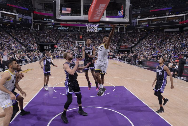 SACRAMENTO, CA - MARCH 31: Colin Sexton #2 of the Utah Jazz drives to the basket during the game against the Sacramento Kings on March 31, 2024 at Golden 1 Center in Sacramento, California. NOTE TO USER: User expressly acknowledges and agrees that, by downloading and or using this Photograph, user is consenting to the terms and conditions of the Getty Images License Agreement. Mandatory Copyright Notice: Copyright 2024 NBAE (Photo by Rocky Widner/NBAE via Getty Images)