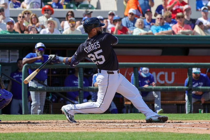 Mar 3, 2025; Lakeland, Florida, USA; Detroit Tigers second baseman Gleyber Torres (25) bats during the third inning against the Toronto Blue Jays at Publix Field at Joker Marchant Stadium. Mandatory Credit: Mike Watters-Imagn Images