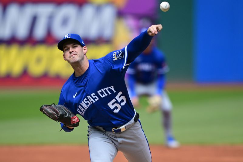 Apr 13, 2025; Cleveland, Ohio, USA; Kansas City Royals starting pitcher Cole Ragans (55) throws a pitch during the first inning against the Cleveland Guardians at Progressive Field. Mandatory Credit: David Dermer-Imagn Images