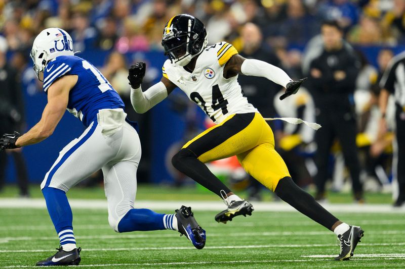 Pittsburgh Steelers cornerback Joey Porter Jr. (24) sprints across the field during an NFL football game against the Indianapolis Colts, Saturday, Dec. 16, 2023, in Indianapolis. (AP Photo/Zach Bolinger)