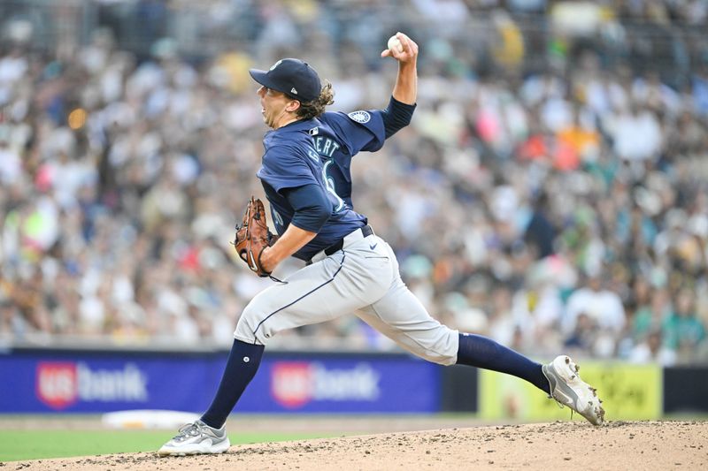 Jun 9, 2024; San Diego, California, USA; Seattle Mariners starting pitcher Logan Gilbert (36) pitches during the third inning against the San Diego Padres at Petco Park. Mandatory Credit: Denis Poroy-USA TODAY Sports at Petco Park. 