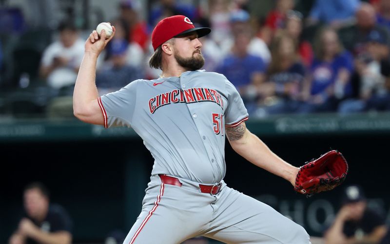 Apr 26, 2024; Arlington, Texas, USA;  Cincinnati Reds starting pitcher Graham Ashcraft (51) throws during the first inning against the Texas Rangers at Globe Life Field. Mandatory Credit: Kevin Jairaj-USA TODAY Sports