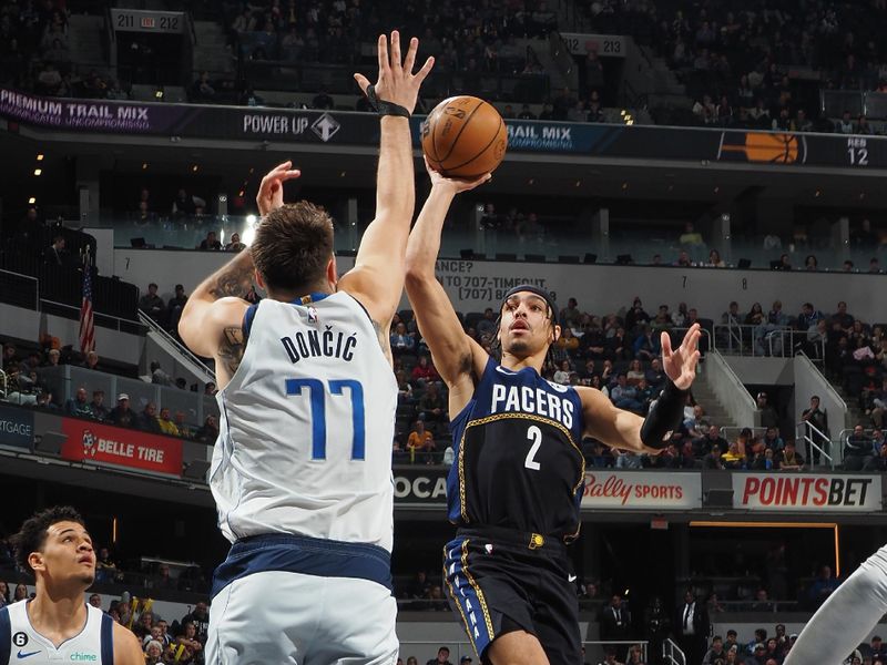 INDIANAPOLIS, IN - MARCH 27: Andrew Nembhard #2 of the Indiana Pacers shoots the ball during the game against the Dallas Mavericks on March 27, 2023 at Gainbridge Fieldhouse in Indianapolis, Indiana. NOTE TO USER: User expressly acknowledges and agrees that, by downloading and or using this Photograph, user is consenting to the terms and conditions of the Getty Images License Agreement. Mandatory Copyright Notice: Copyright 2023 NBAE (Photo by Ron Hoskins/NBAE via Getty Images)